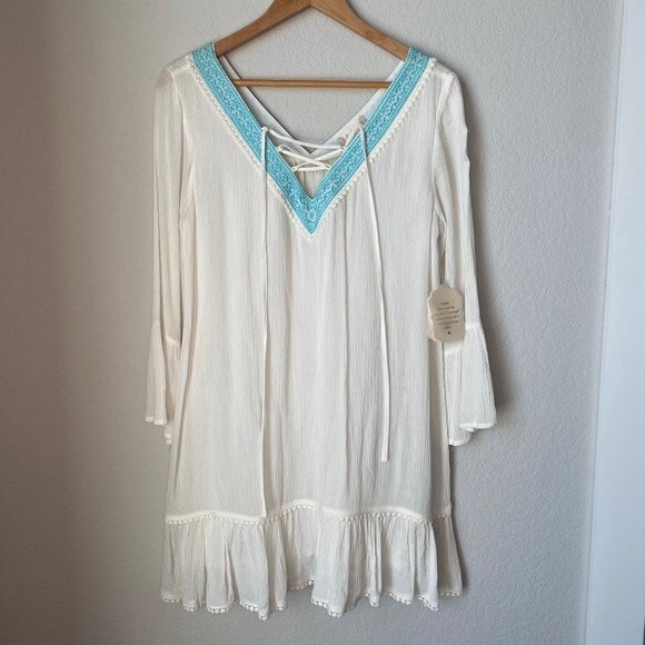 NWT Altr’d State White & Teal Boho Peasant Mini Tunic Dress - Size M - Picture 1 of 7